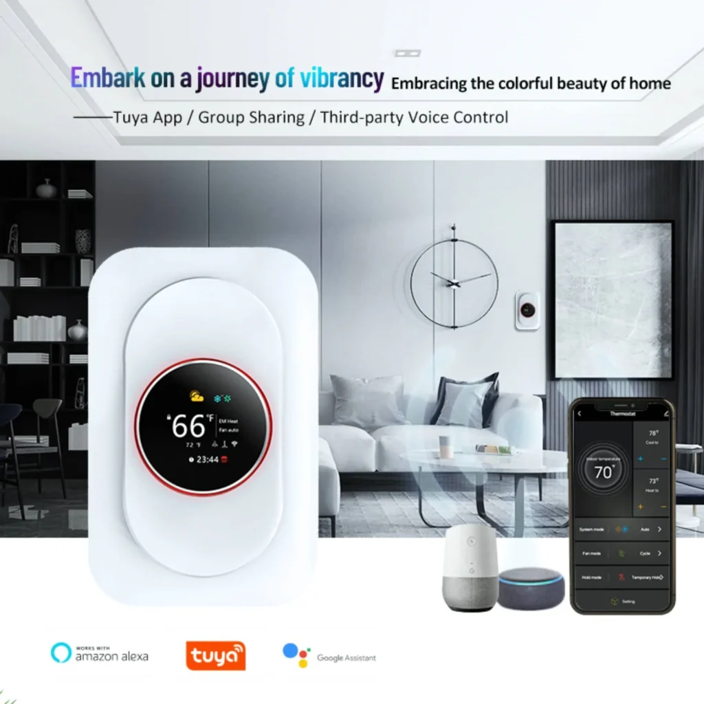 19 Smart Home Automation Ideas: Enhance Your Living Space 3 Image depicting the intelligent features of WiFi smart Thermostat, including Tuya App compatibility and third-party voice control capability